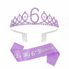 Purple tiara crown sash set for a girl featuring the number six and a purple ribbon