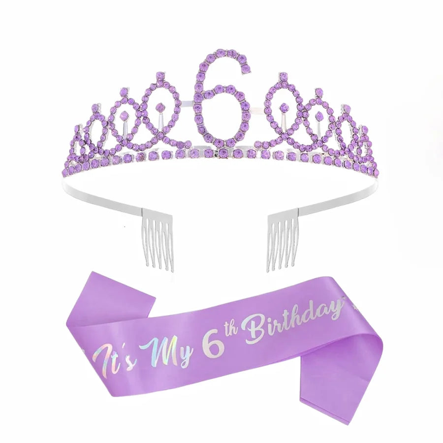 Purple tiara crown sash set for a girl featuring the number six and a purple ribbon