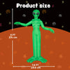 A green alien inflatable decoration standing upright against an orange background with size measurements.