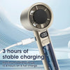 A close-up of a silver handheld cooling fan with a charging cable, showing battery life information.