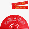 Red traditional bamboo folding fan with dragon designs for martial arts and fitness