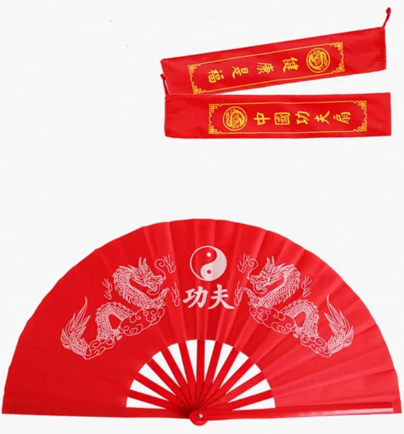 Red traditional bamboo folding fan with dragon designs for martial arts and fitness