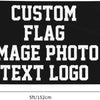 Black rectangular display sign with white text and logo options for custom flags and banners