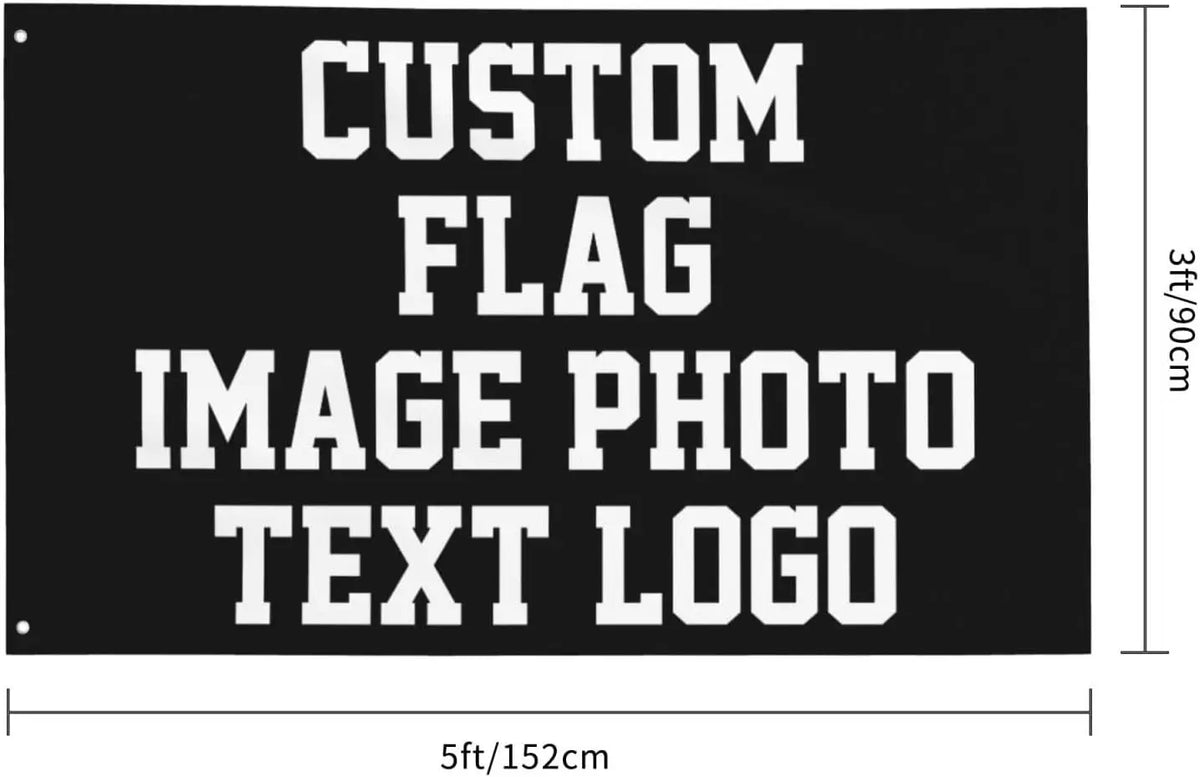 Black rectangular display sign with white text and logo options for custom flags and banners