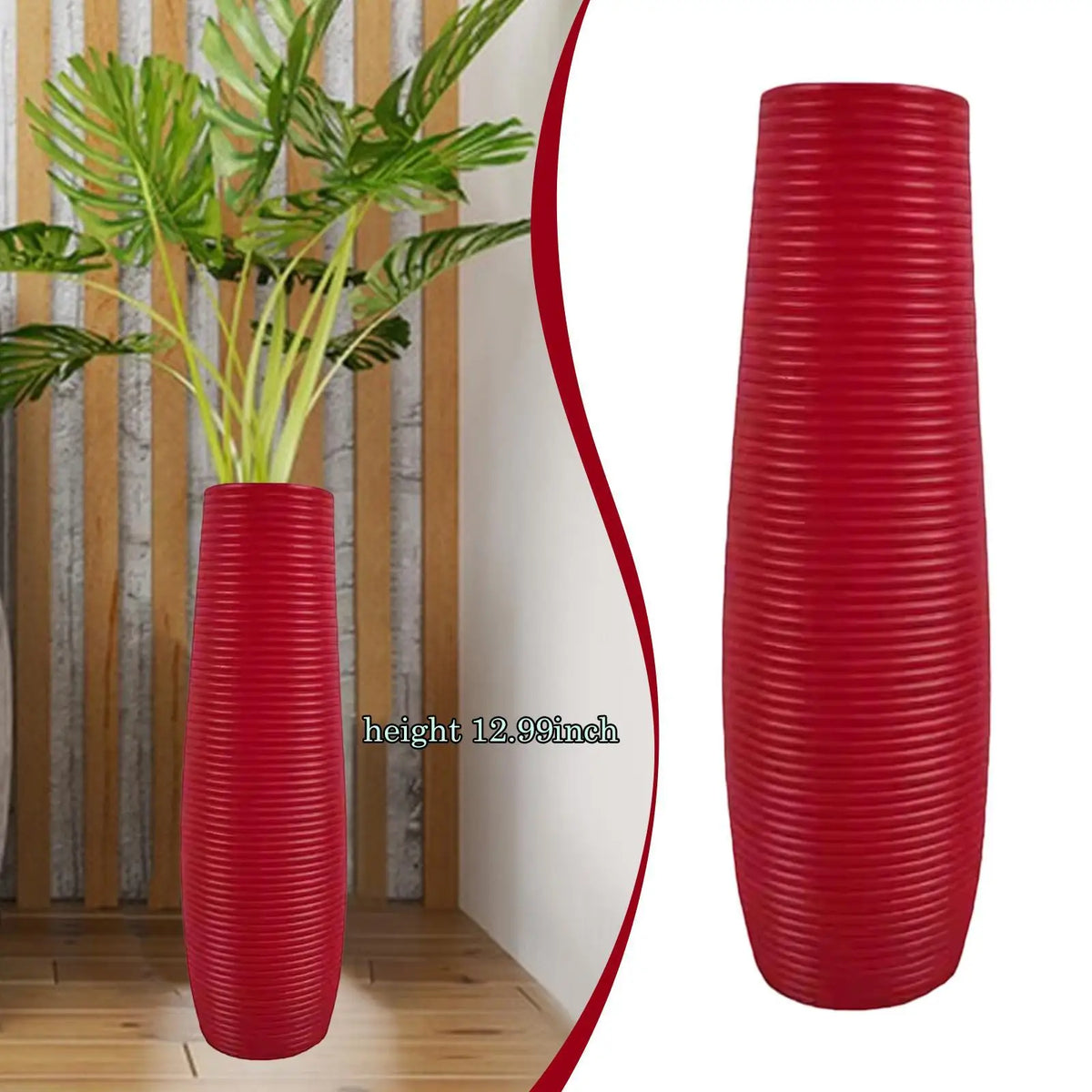 A bright red, ribbed, cylindrical floor vase is shown in a natural wood setting.