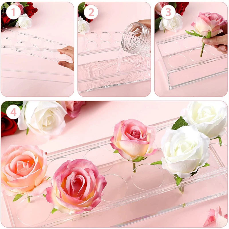 A set of acrylic rectangular flower arrangement vases with multiple openings, showing various floral arrangements.