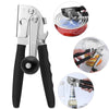 A heavy-duty manual can opener is shown with close-ups demonstrating its operation on various cans.