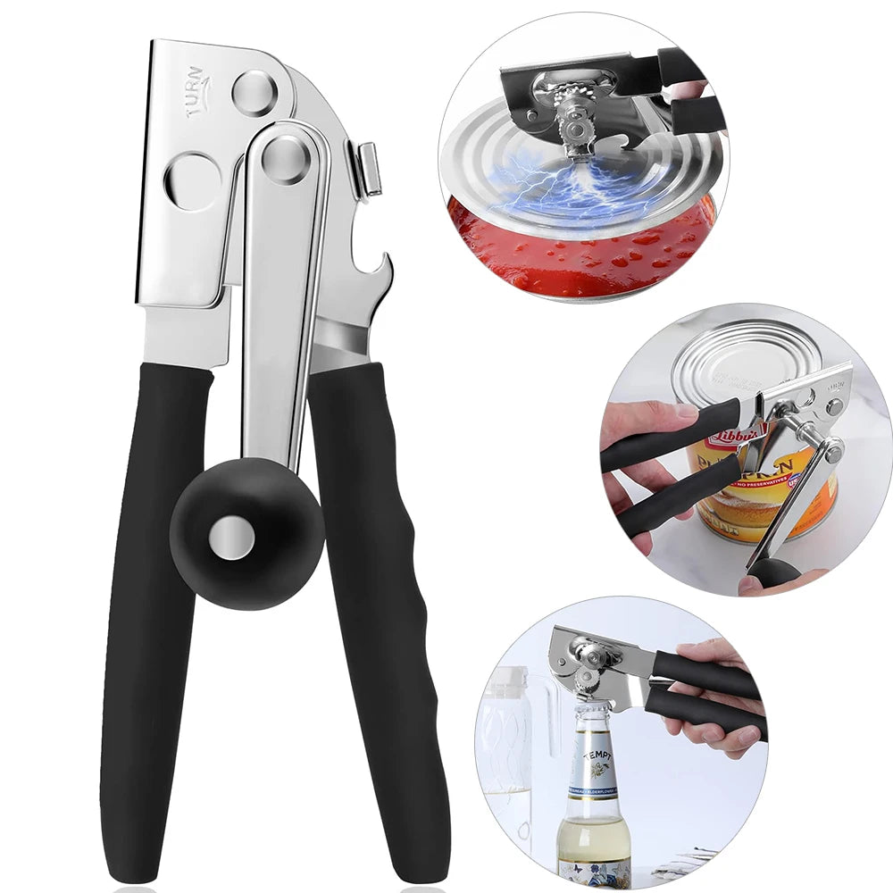 A heavy-duty manual can opener is shown with close-ups demonstrating its operation on various cans.