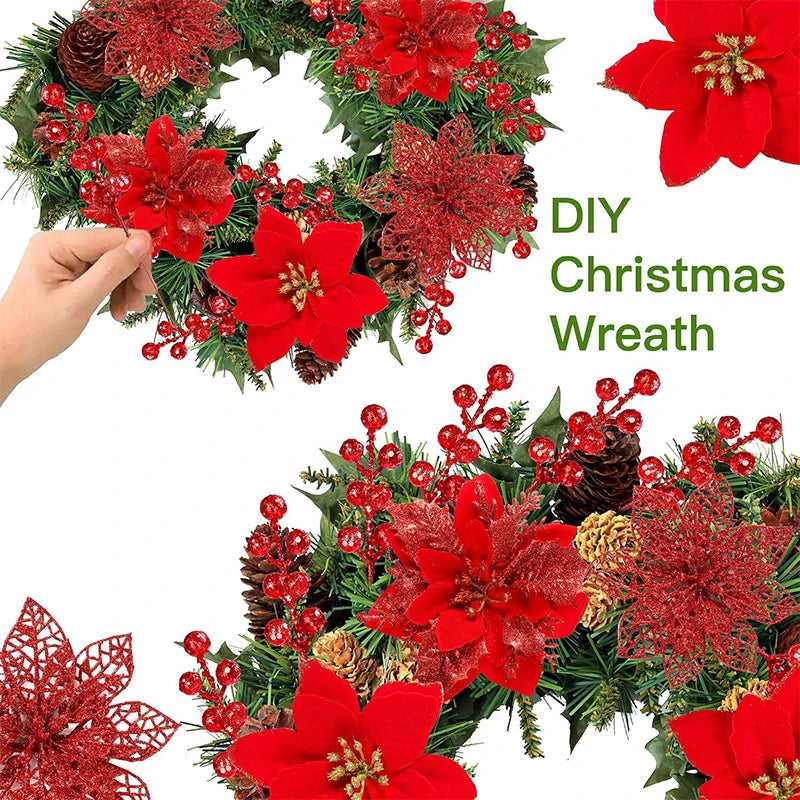 DIY Christmas wreath featuring red glittered artificial flowers and berries on green foliage