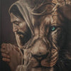 A painting depicting Jesus embracing a lion with a crown of thorns and crosses above them.