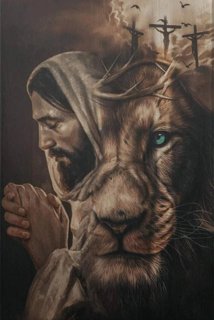 A painting depicting Jesus embracing a lion with a crown of thorns and crosses above them.