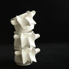 A stack of white ceramic vertebrae-shaped decorative vases against a dark background.