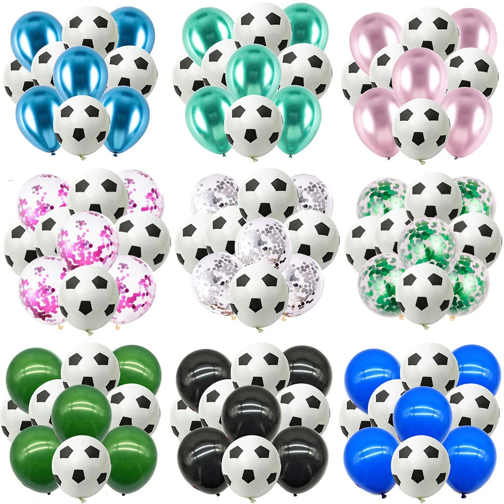 A collection of black and white soccer ball balloons used for party decorations.