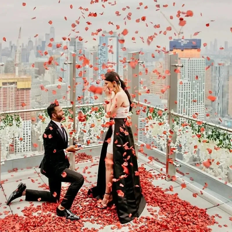 A woman in a black dress is surrounded by falling red rose petals against a city skyline backdrop.
