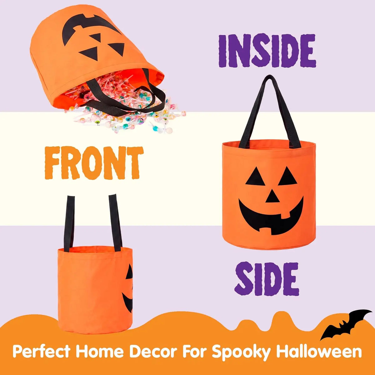 Trois citrouilles de Halloween orange en forme de seaux, vues de l'intérieur, de face et de côté.