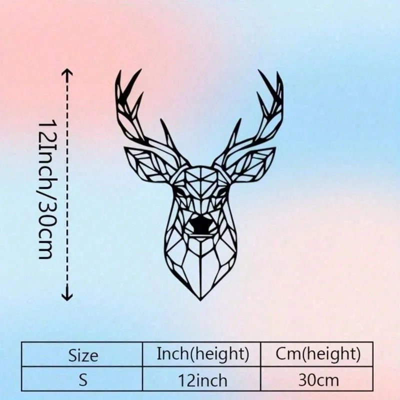 Black metal deer head wall sculpture with antlers shown next to a measurement scale.