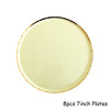 Eight 7-inch gold disposable plates shown in a circular arrangement.