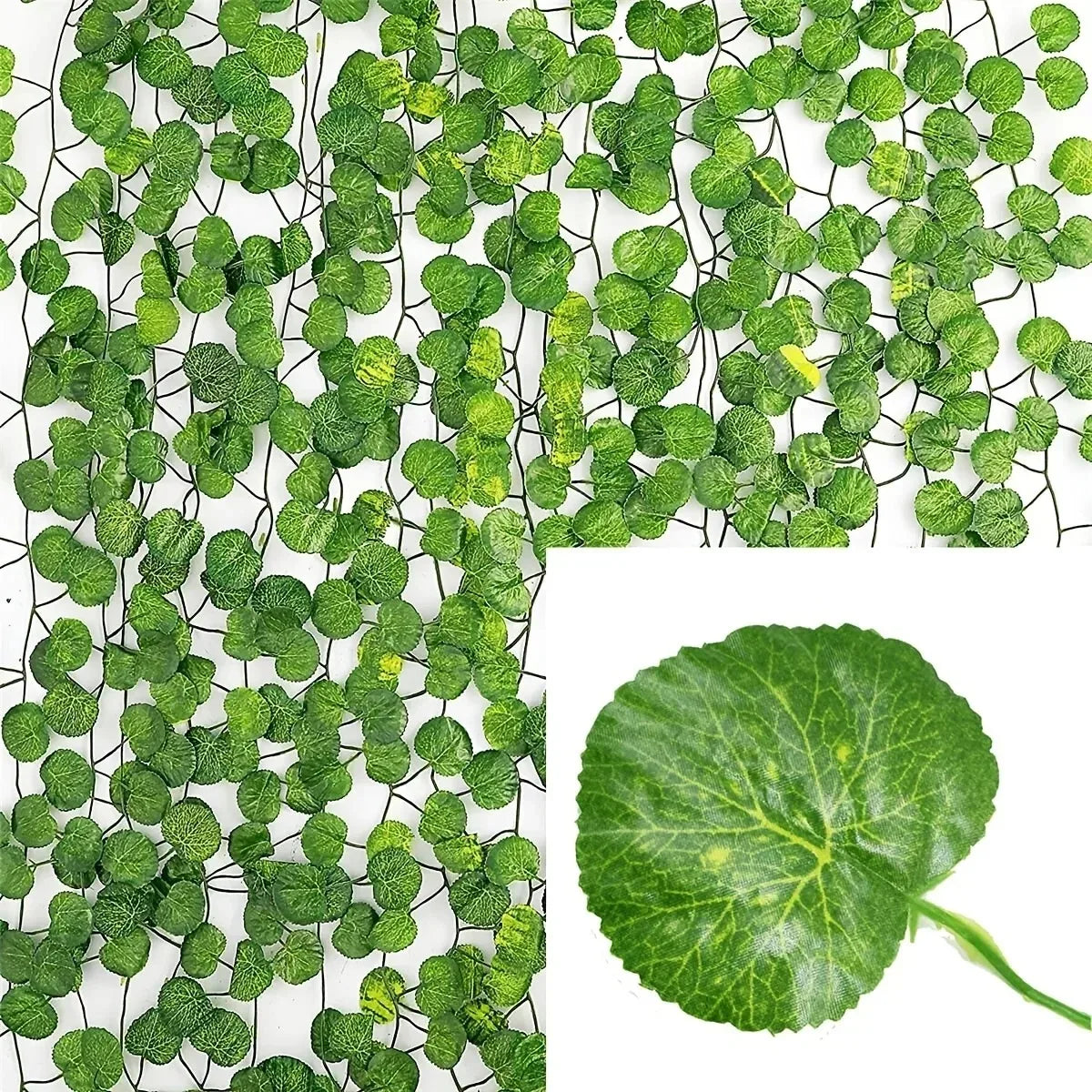 Green artificial ivy vine garland with small leaves on a black wire for hanging decor