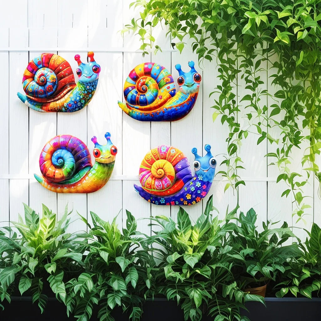 Colorful metal snail wall art featuring vibrant colors for garden and home decor