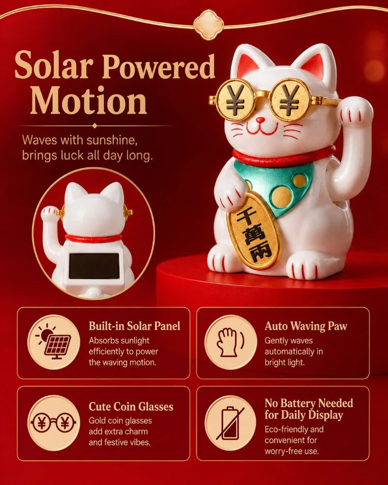 A white cat figurine wearing gold glasses and a green collar, symbolizing solar powered motion and good luck.