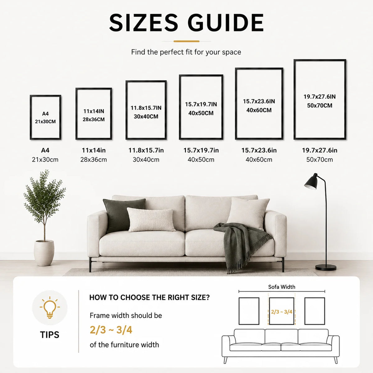 A sizes guide showing various photo display frame sizes and tips for choosing the right size for furniture.
