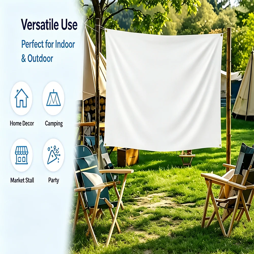 A white decorative banquet flag banner is displayed outdoors in a grassy area with tents and wooden chairs.