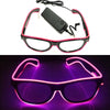 A pair of black party glasses with pink trim, illuminated by purple LED light.