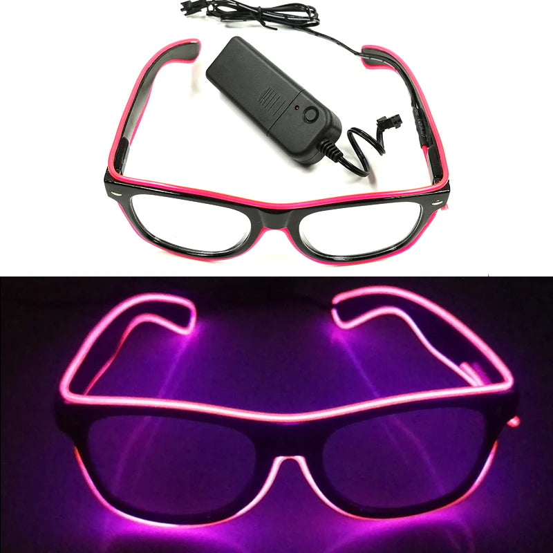 A pair of black party glasses with pink trim, illuminated by purple LED light.