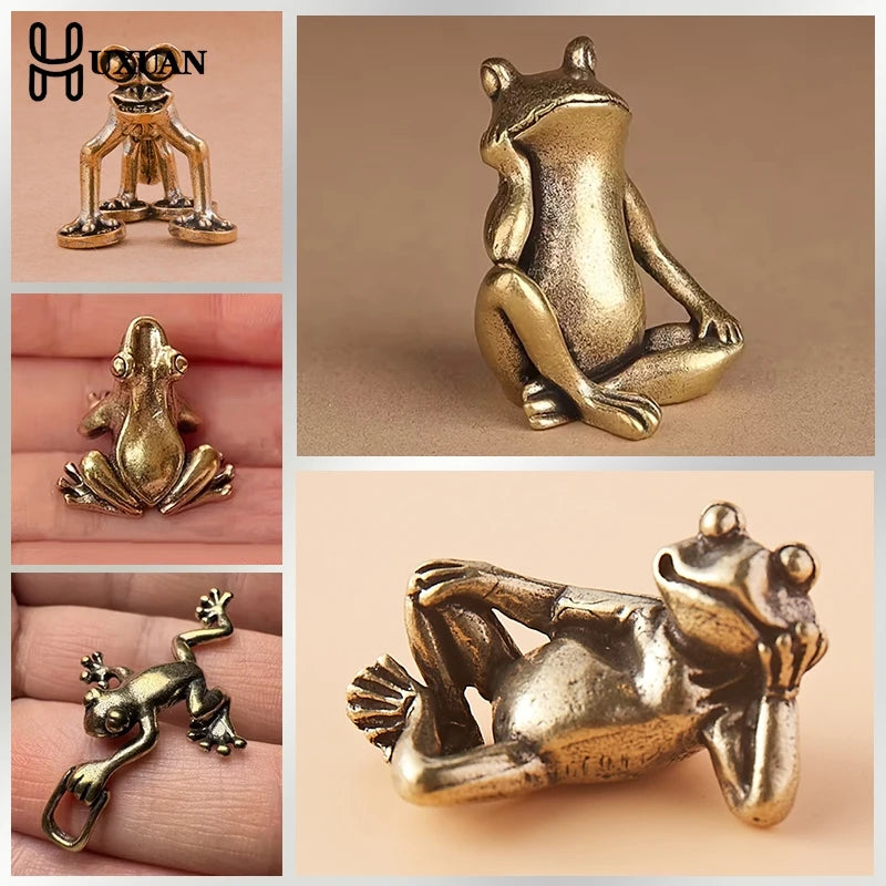 A collection of vintage brass frog statues and ornaments shown in various angles.