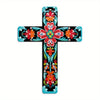 Floral Mexican cross wall art featuring vibrant red, orange, and teal flowers on a black background
