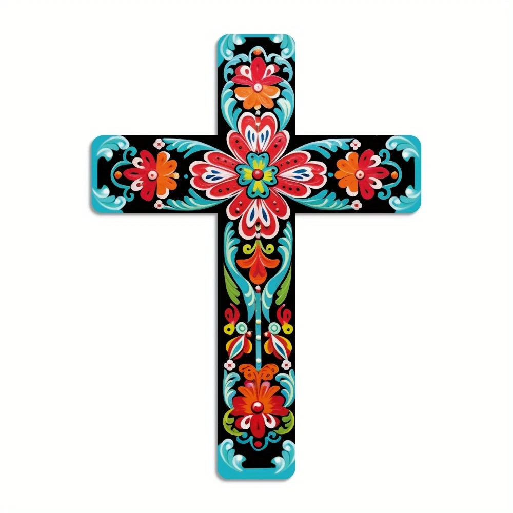 Floral Mexican cross wall art featuring vibrant red, orange, and teal flowers on a black background