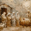 Impression de toile texturée représentant une scène religieuse avec des figures et une crèche.
