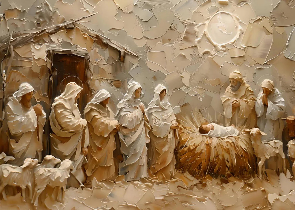 Impression de toile texturée représentant une scène religieuse avec des figures et une crèche.