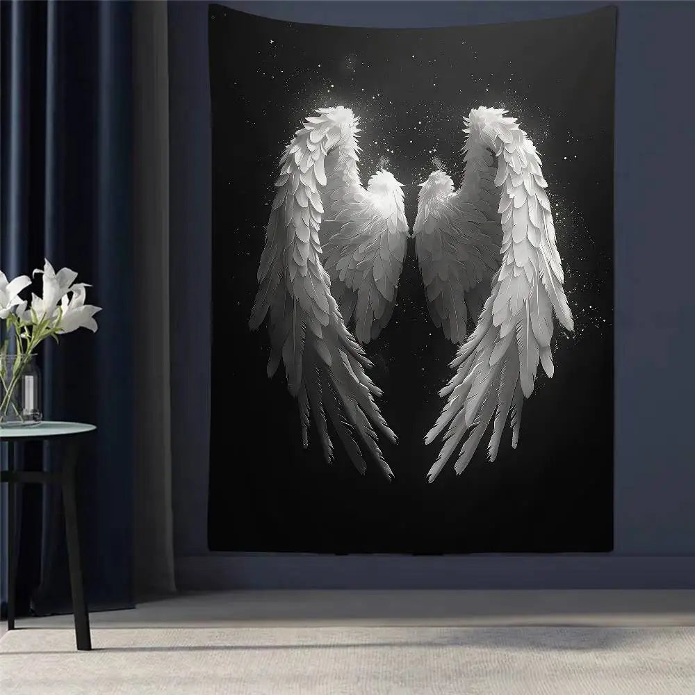 A dark tapestry wall hanging featuring a pair of white angel wings against a starry night background.