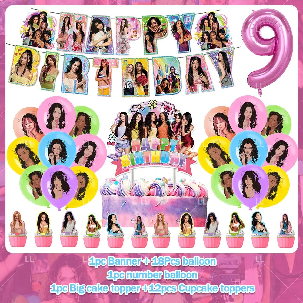 K-pop inspired birthday party decoration set featuring a backdrop, balloons, and cake toppers.