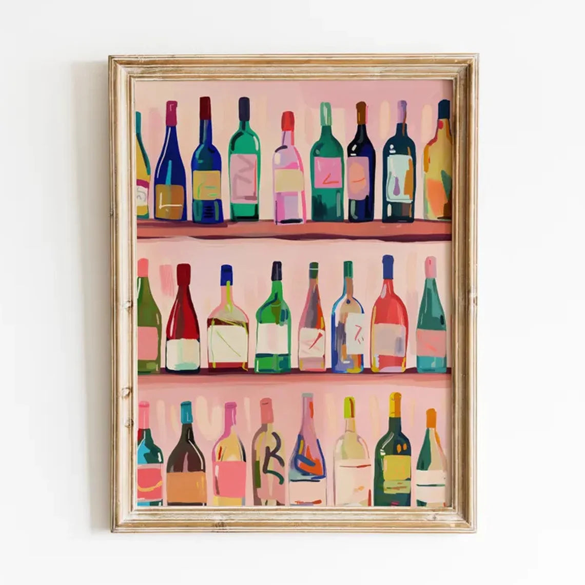 A framed print featuring a row of vintage wine bottles in various colors displayed against a pink background.