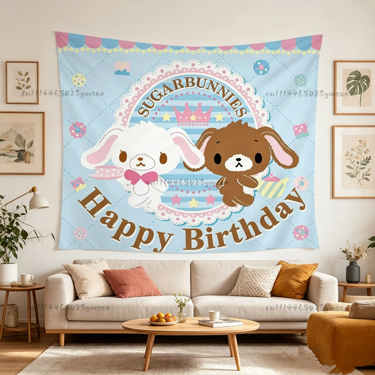 A colorful tapestry featuring a sweet illustration of a bunny and a bear with the text Happy Birthday