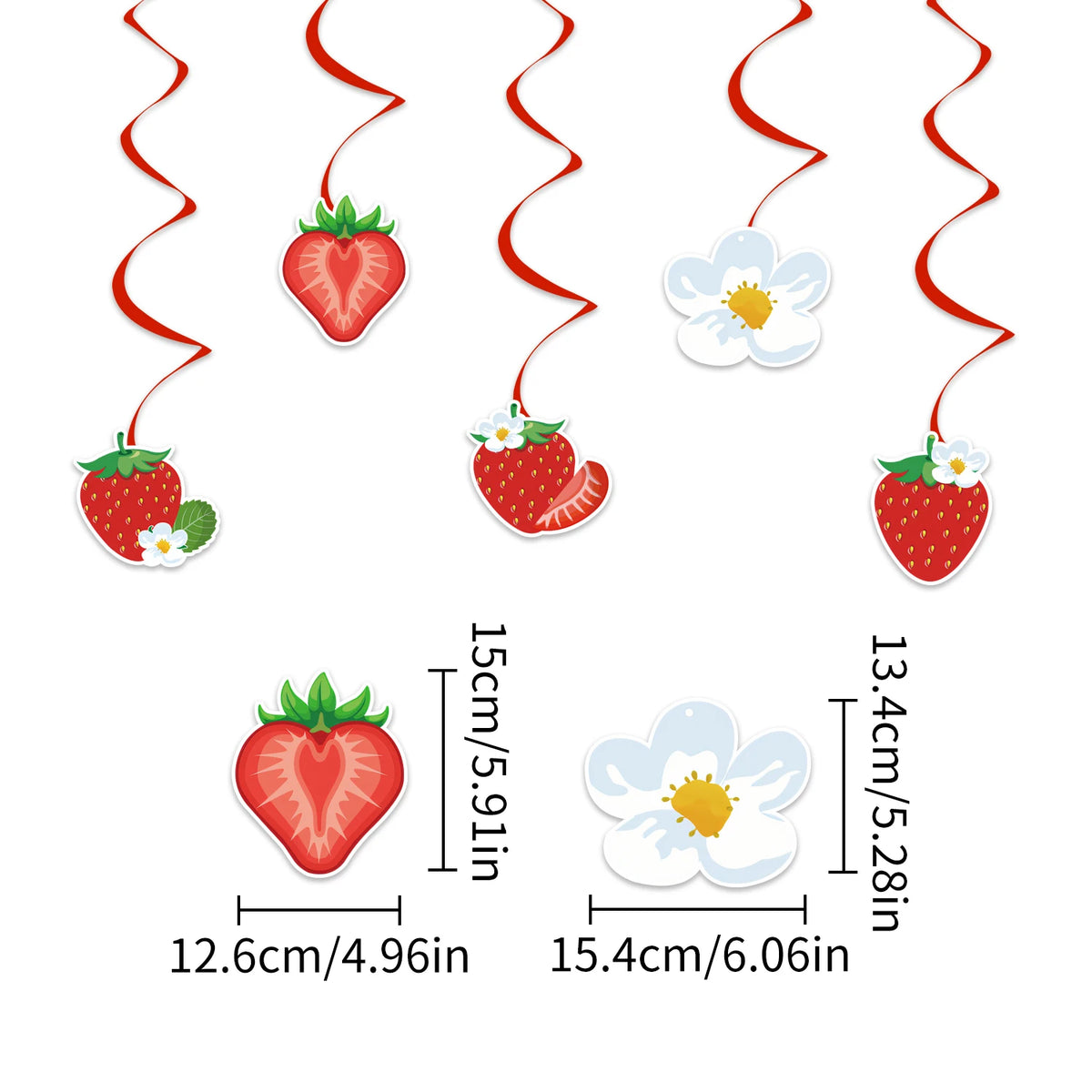 A set of strawberry theme birthday party decorations featuring red strawberries and white flowers.