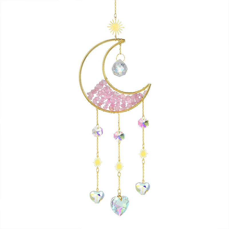 Gold moon suncatcher wind chime with pink and clear prism accents