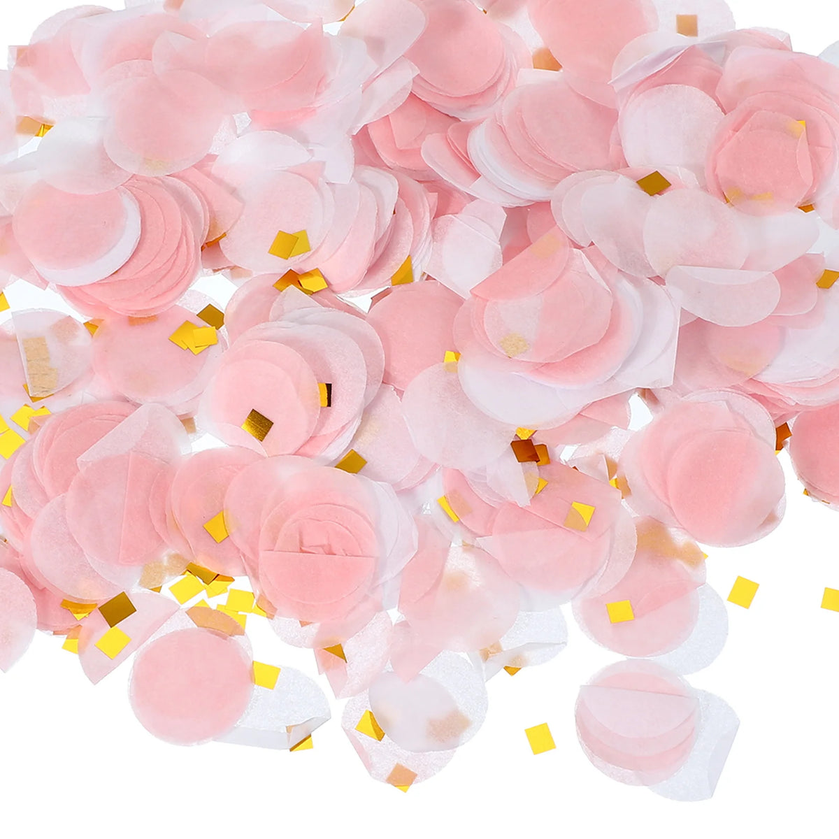 Pink and white round tissue paper confetti dots scattered across a surface.