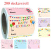 A roll of 200 birthday and party favor stickers featuring colorful designs and text