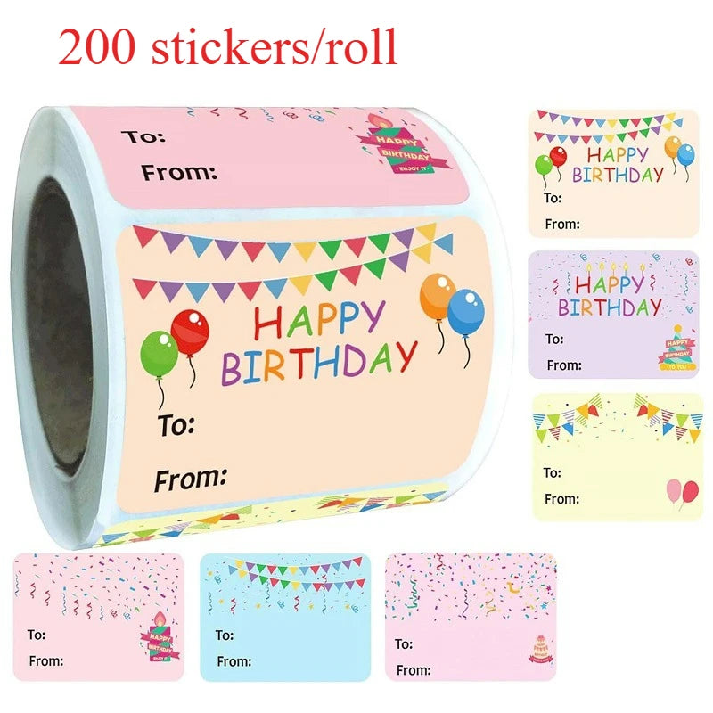 A roll of 200 birthday and party favor stickers featuring colorful designs and text