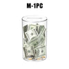 A clear acrylic jar filled with US dollar bills and coins.