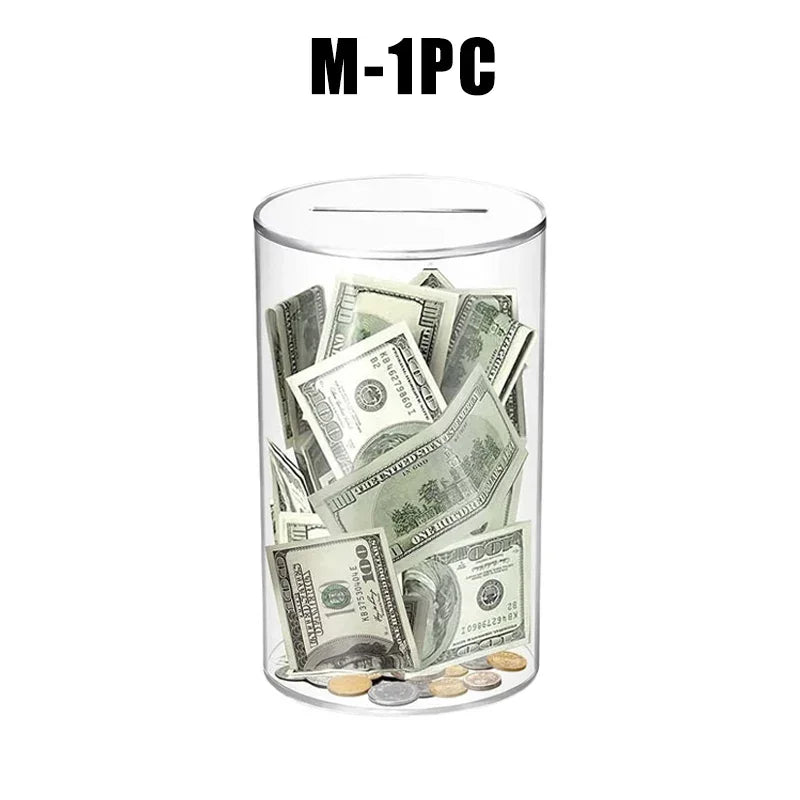 A clear acrylic jar filled with US dollar bills and coins.