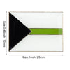 A rectangular lapel pin featuring a black triangle overlaying a white background with a horizontal lime green stripe.
