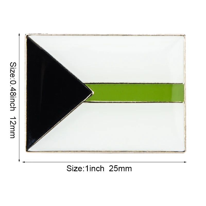 A rectangular lapel pin featuring a black triangle overlaying a white background with a horizontal lime green stripe.