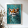 A framed painting of a tiger's face in a teal and orange color palette.