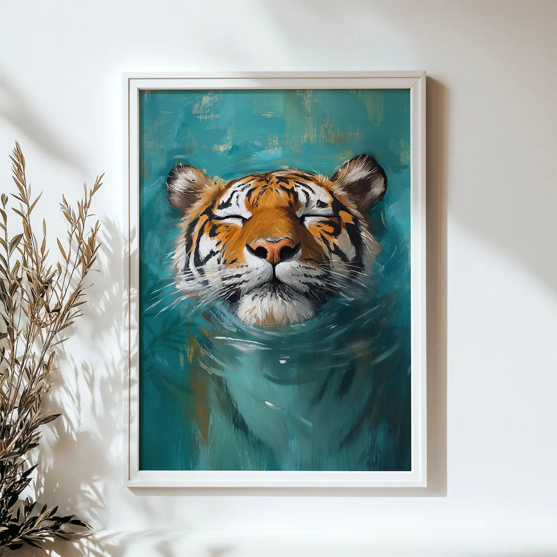 A framed painting of a tiger's face in a teal and orange color palette.