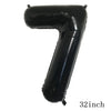 A black latex balloon shaped like the number 7.