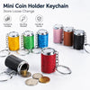 A collection of mini coin holder keychains in various colors and finishes, including metal and plastic versions.